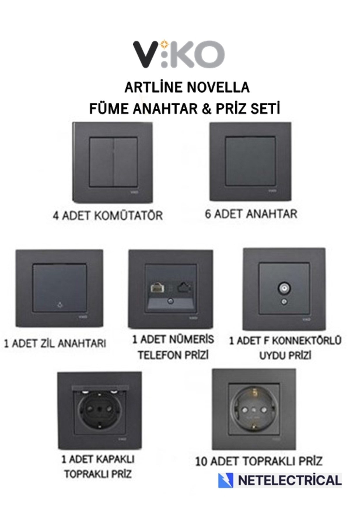 Viko Artline Novella Füme Anahtar & Priz Seti