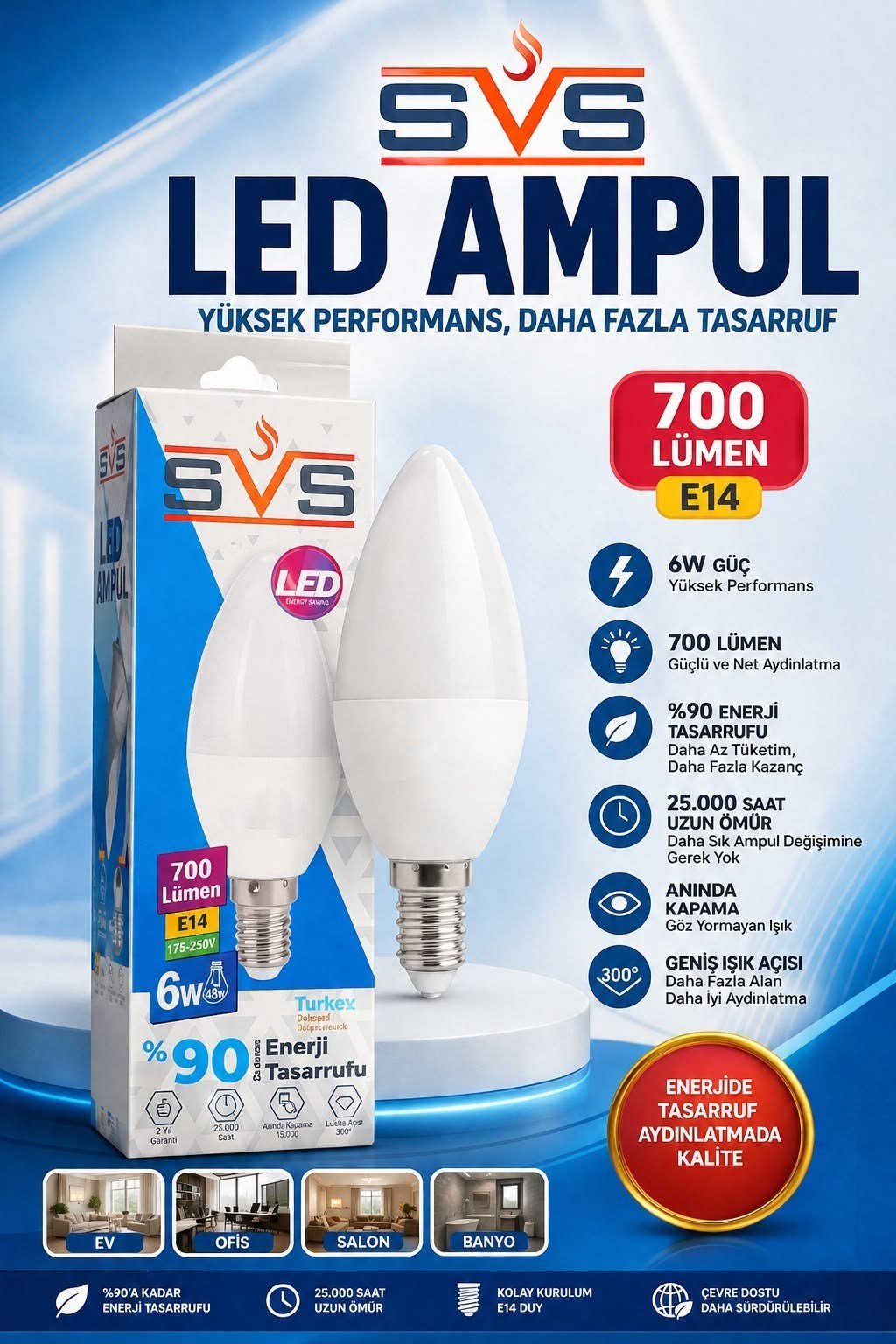 Vip Aydınlatma / SvS 6W E14 6500K Mum Ampul - 10 Adet -