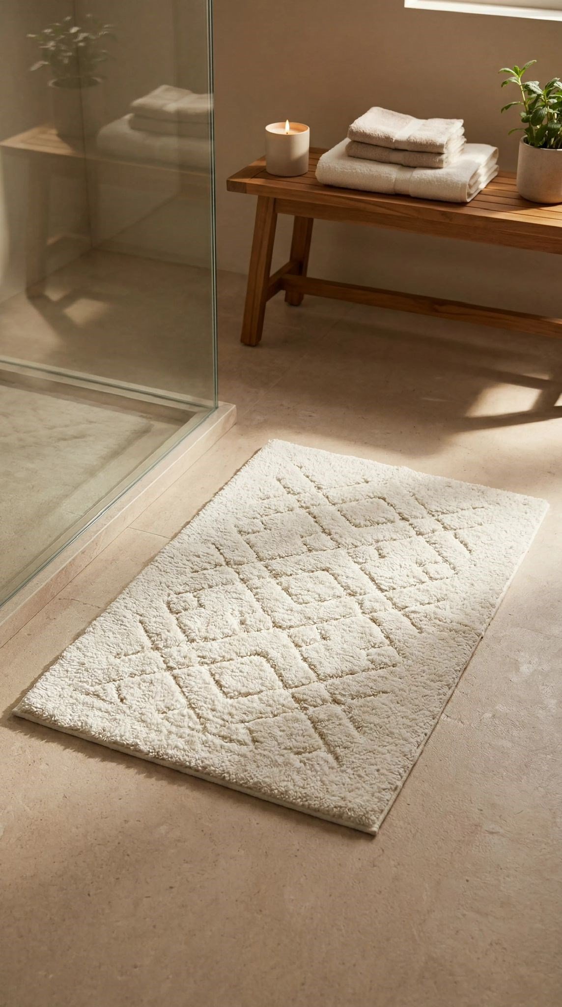 %100 Pamuk 2'li Banyo Paspas Takımı 60x100 cm ve 50x60 cm Yüksek Emici Çiftli Banyo Seti - Krem