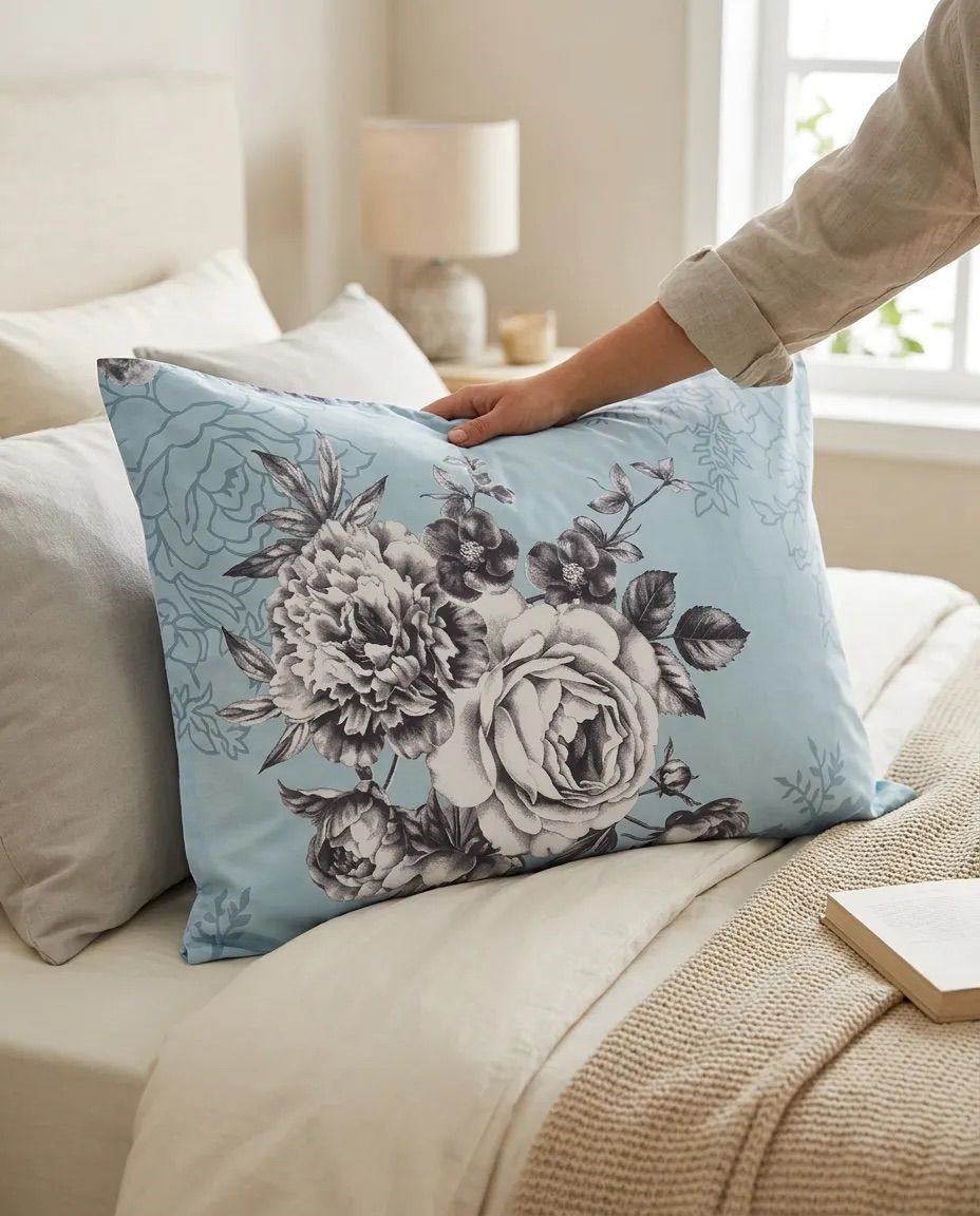 %100 Pamuk 2'li Yastık Kılıfı Seti (50x70 cm) - Mavi/Çiçek Desenli