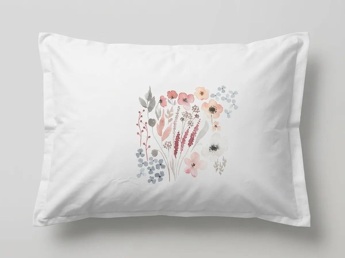 %100 Pamuk 2'li Yastık Kılıfı Seti (50x70 cm) - Beyaz / Çiçek Desenli