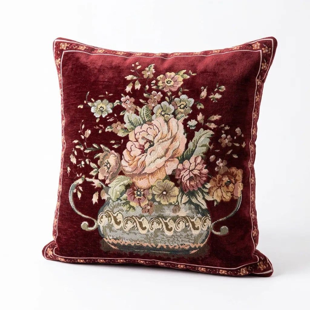 Leke Tutmaz Şönil Dokuma Goblen Kırlent Kılıfı 45x45 cm Çiçek Desenli Vintage Kırlent Kılıfı - Bordo