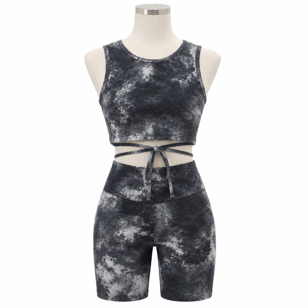 Penti Desenli Siyah-Gri Crop Top ve Kısa Tayt Takımı