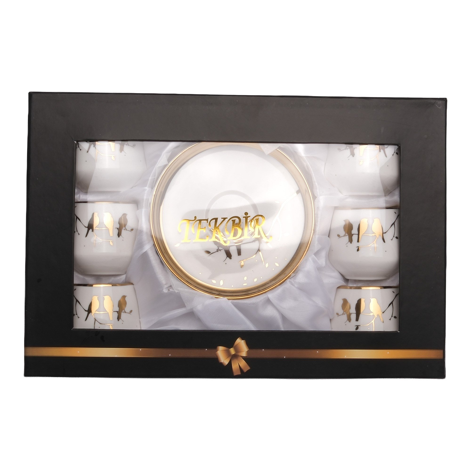 Tekbir Kuş Desenli Gold Detaylı 6 Kişilik Türk Kahvesi Fincan Takımı Beyaz Gold