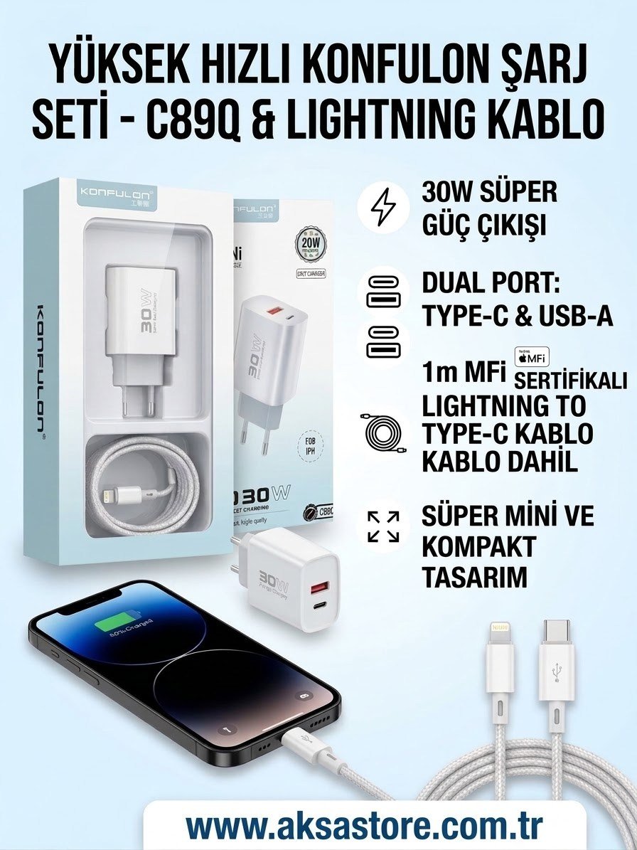 Konfulon C89Q 30W PD Hızlı Şarj Adaptörü ve Lightning iPhone Şarj Kablosu Seti