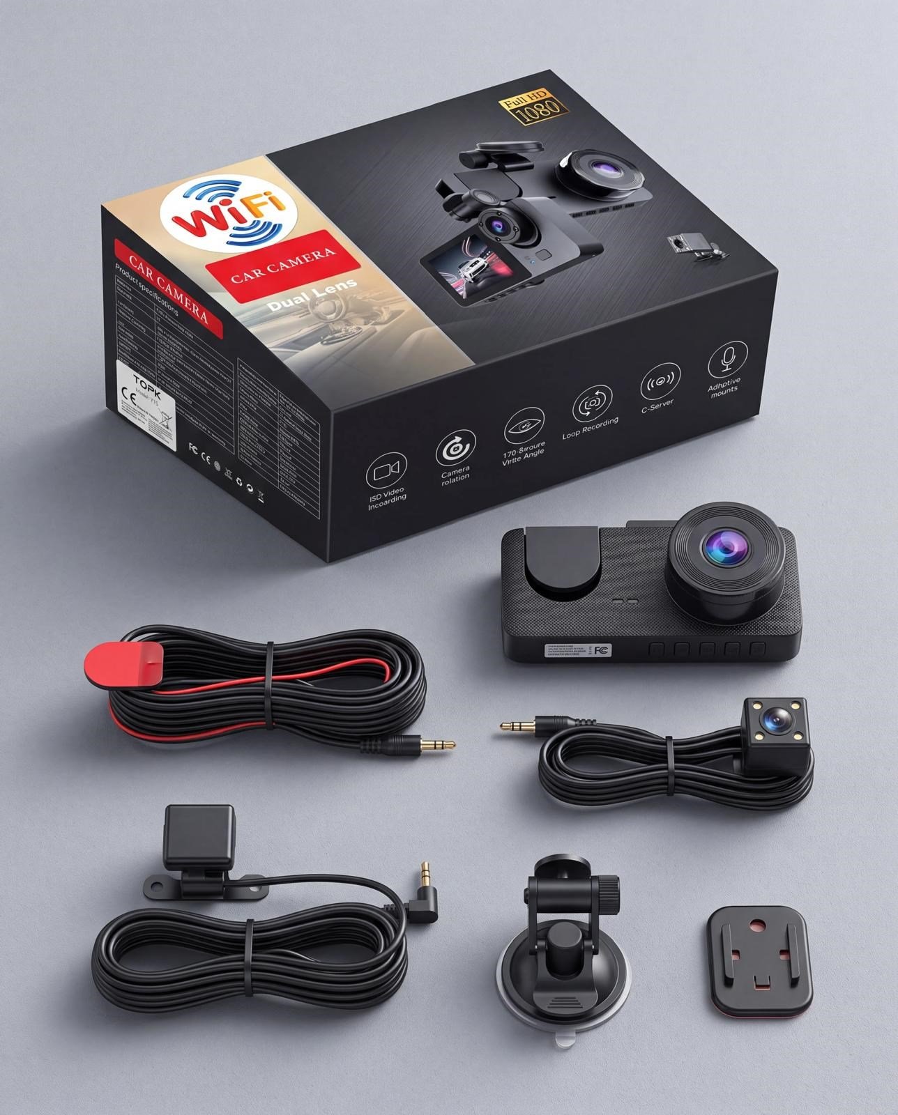 Topk Y15 WiFi Çift Lens Araç Kamerası – Ön ve iç mekan 1080P Full HD kayıt, WiFi canlı izleme ve döngüsel kayıt özellikleriyle yolculuğunuzun her anını güvenle kaydedin