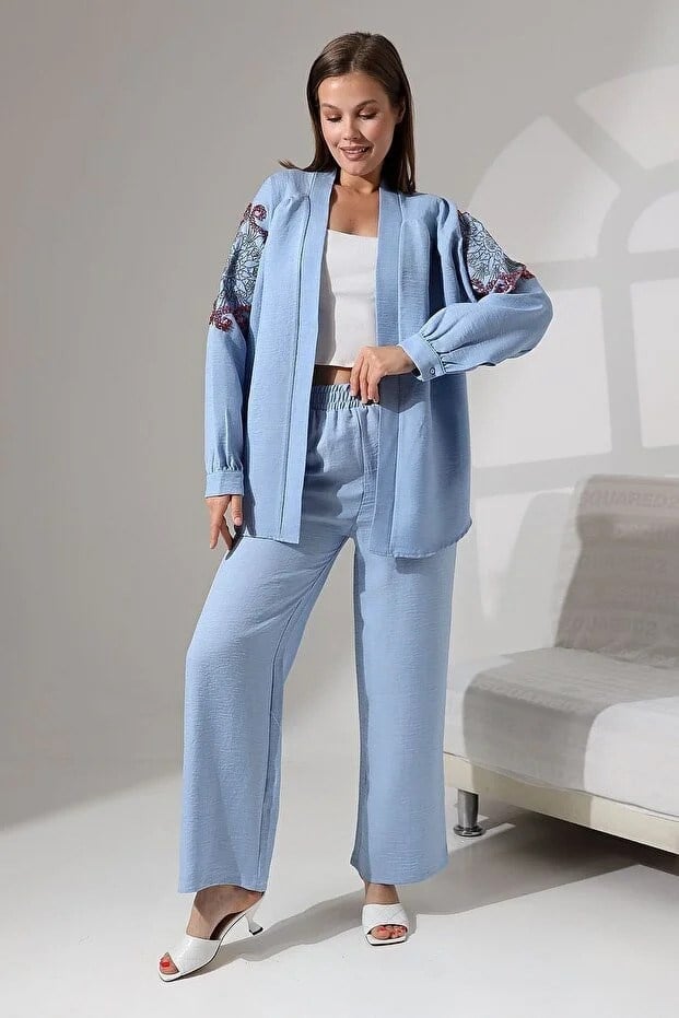 Alya İşlemeli Keten Kimono Takım  - Mavi