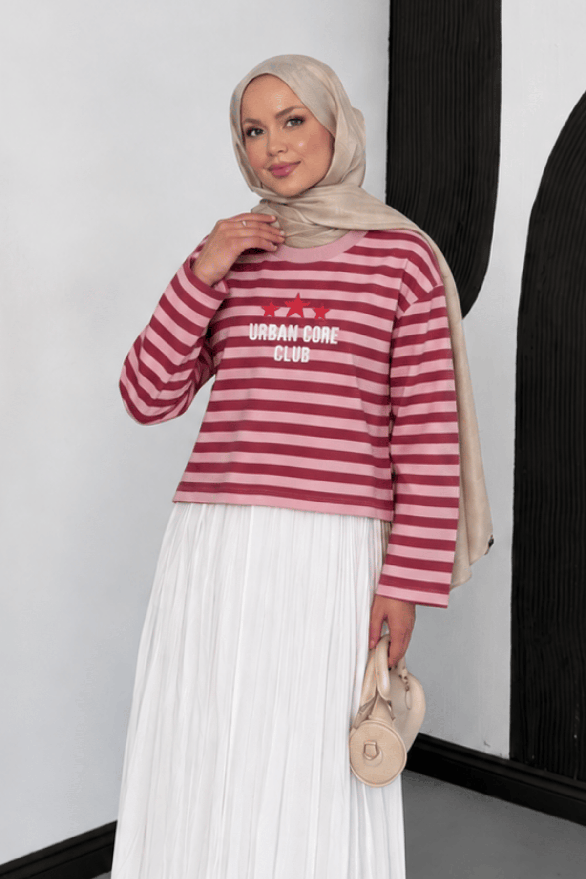 Baskılı Kırmızı Pembe Çizgili Lunvera T-shirt