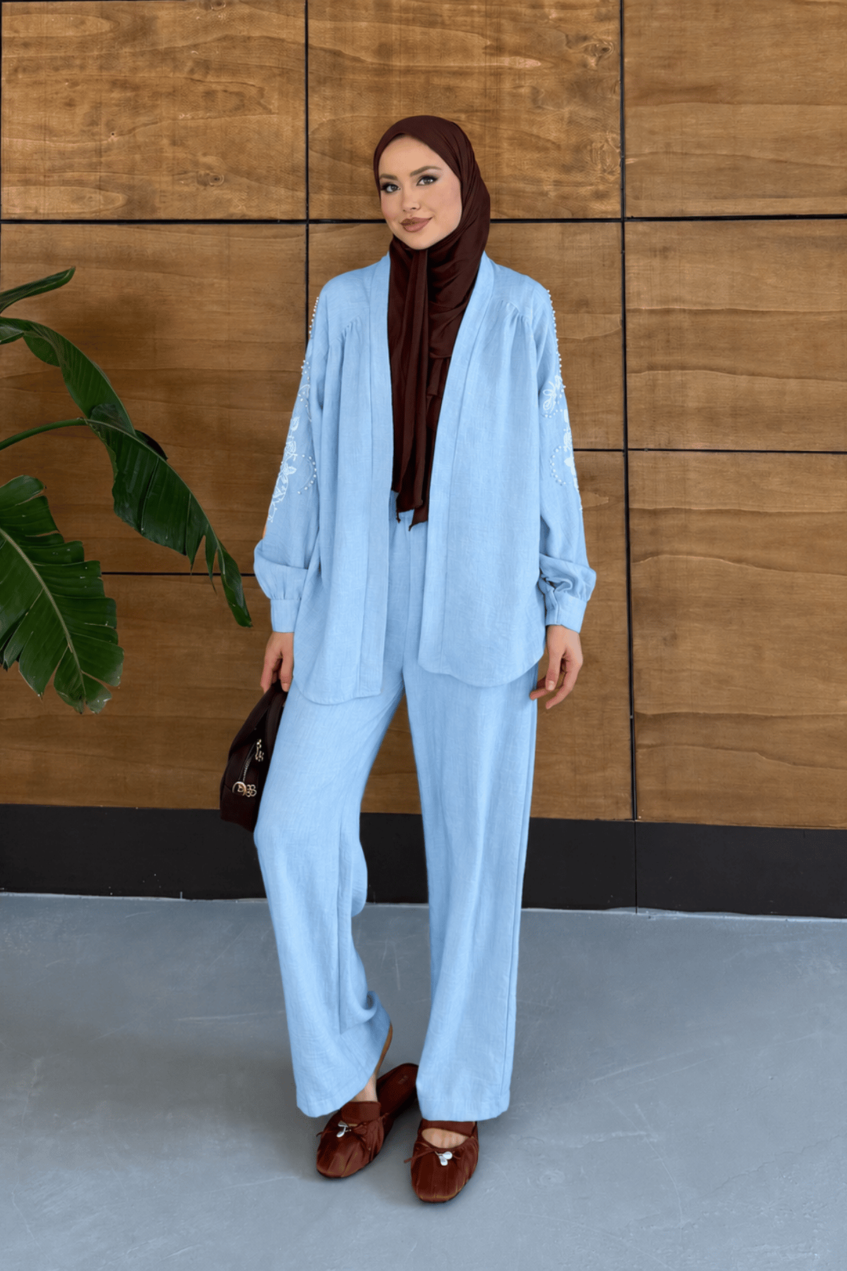 Liora İşlemeli Keten Kimono Takım  - Açık Mavi