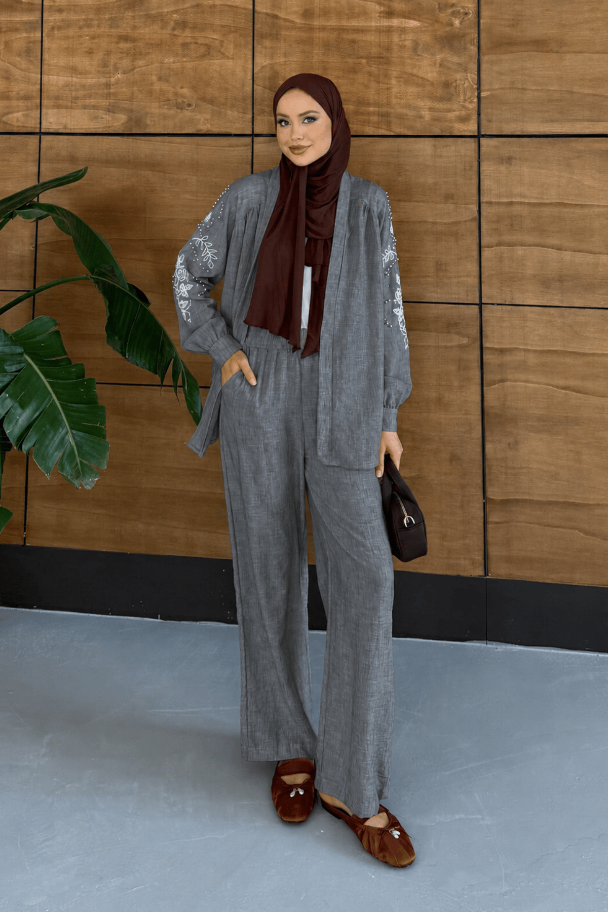 Liora İşlemeli Keten Kimono Takım  - Antrasit