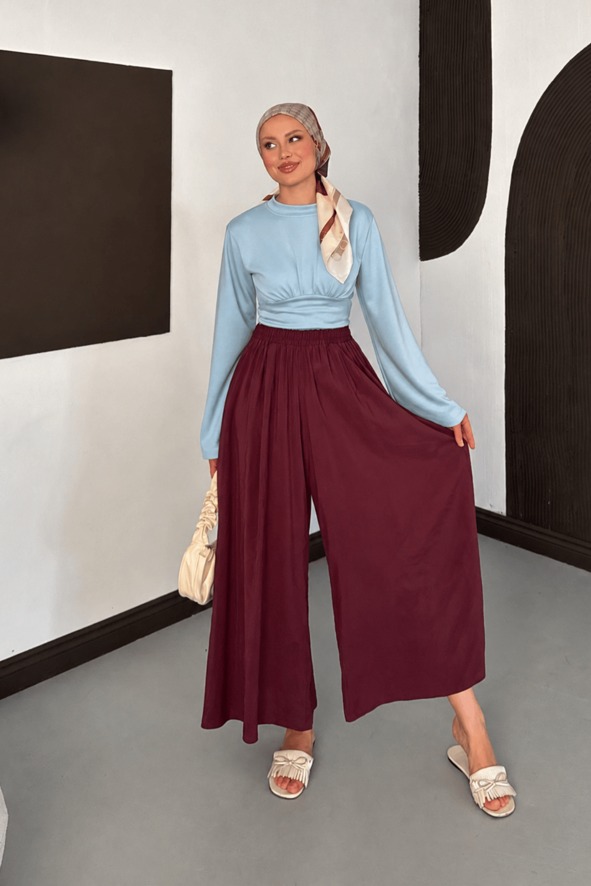 Luna Tensel Etek Görünümlü Pantolon - Bordo
