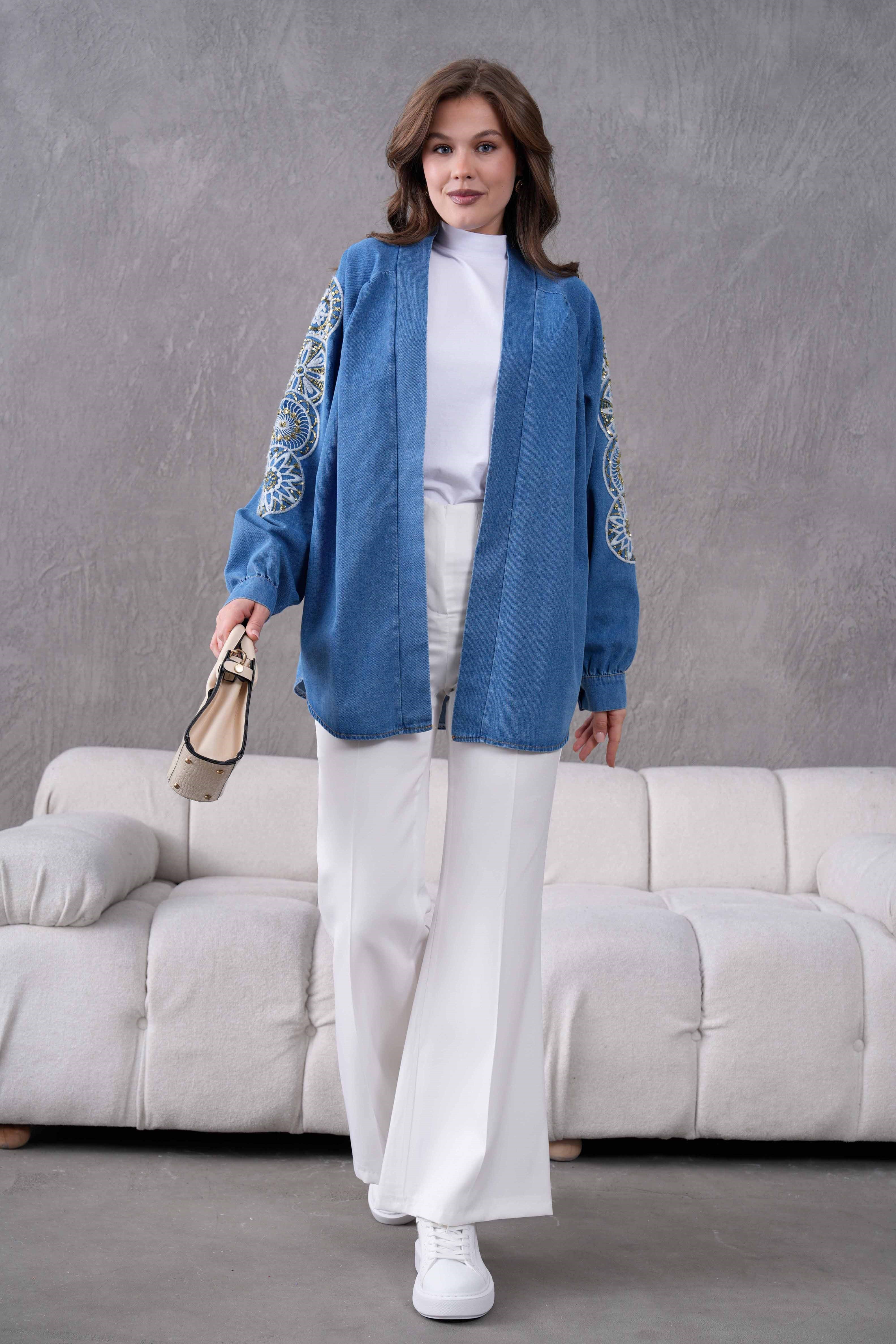 Mirina İşlemeli Kot Kimono  - Mavi