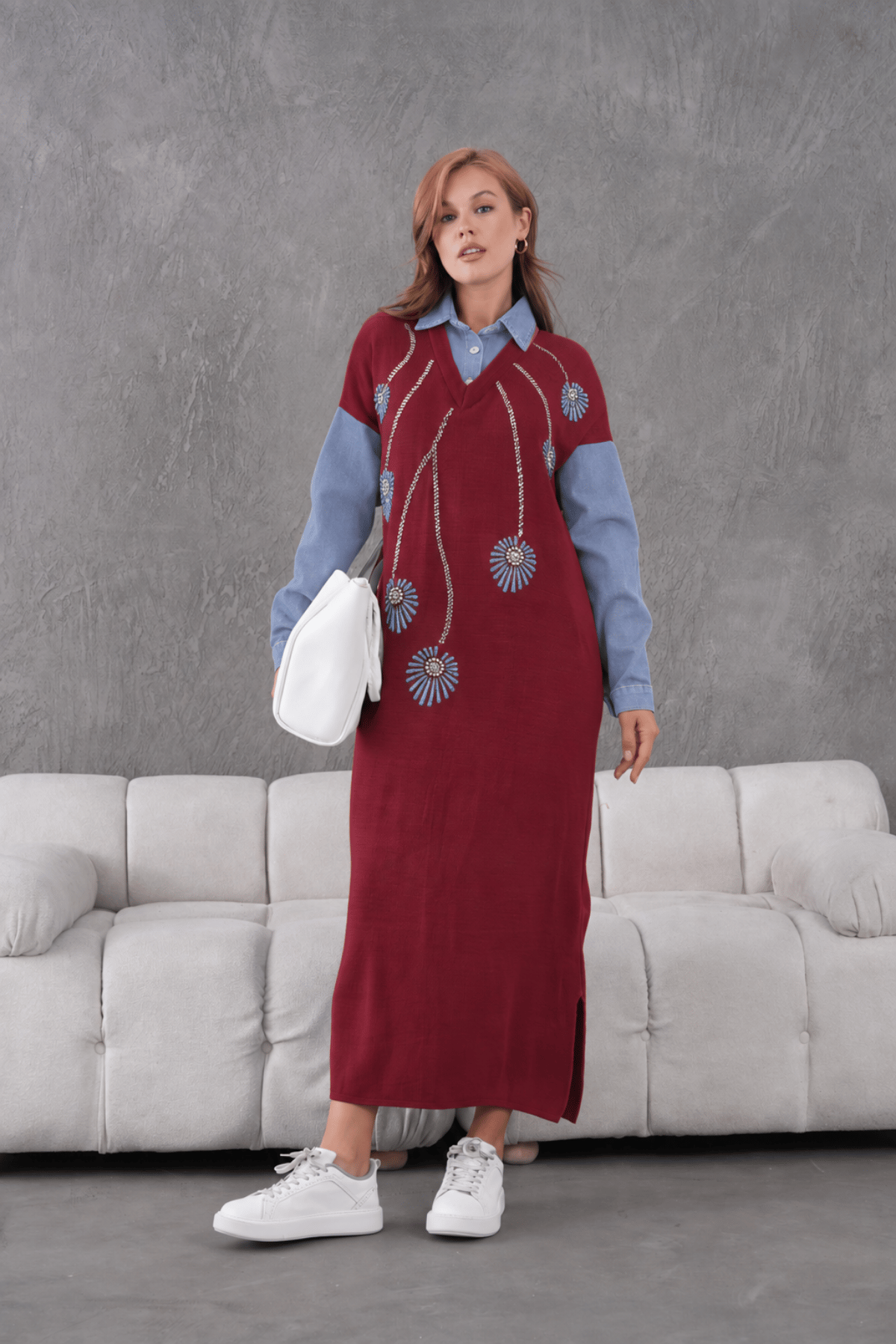 Ruvina İşlemeli Kolu Kot Triko Elbise - Bordo