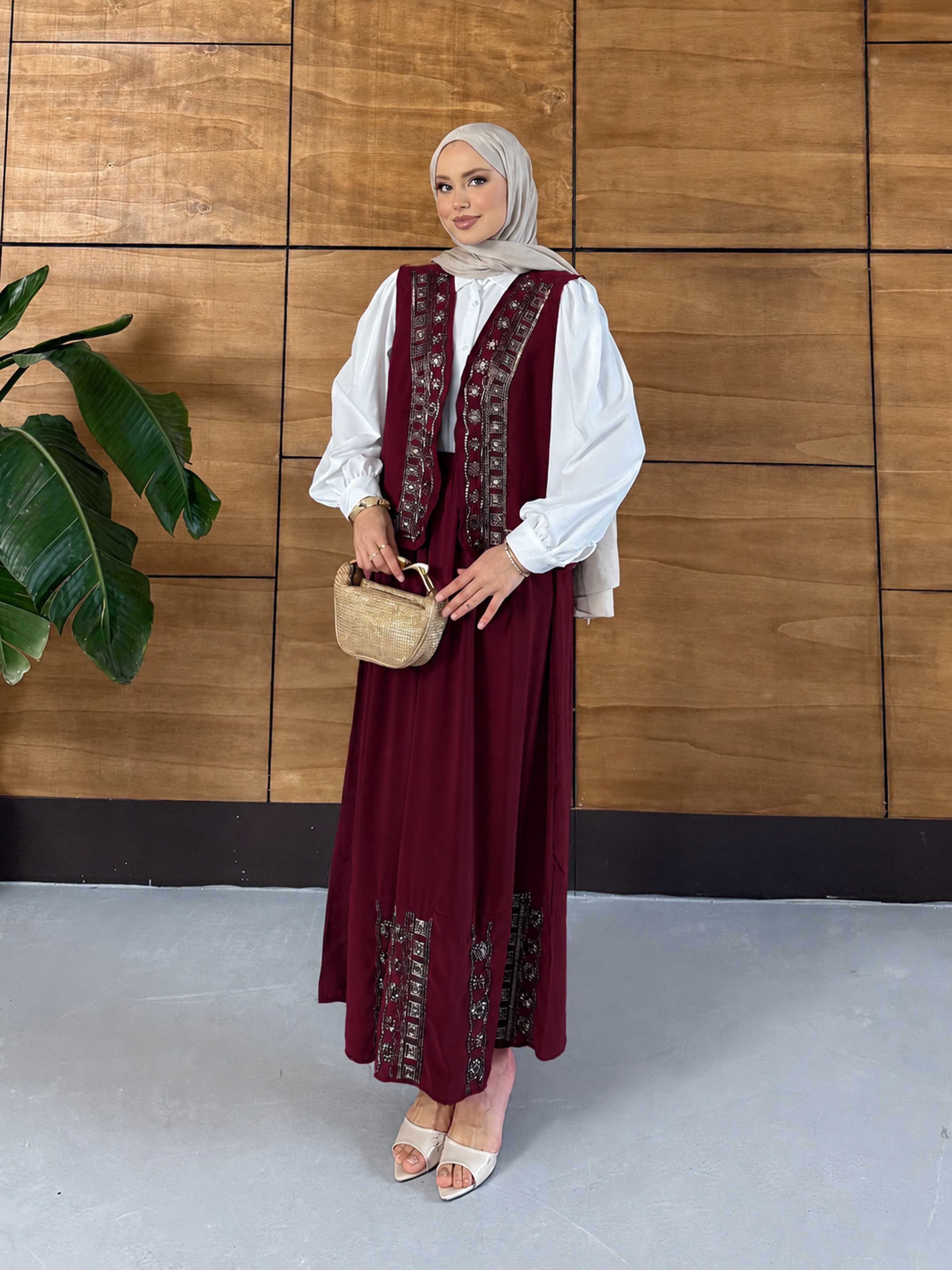Sariel İşlemeli Tensel Yelek Etek Takım  - Bordo