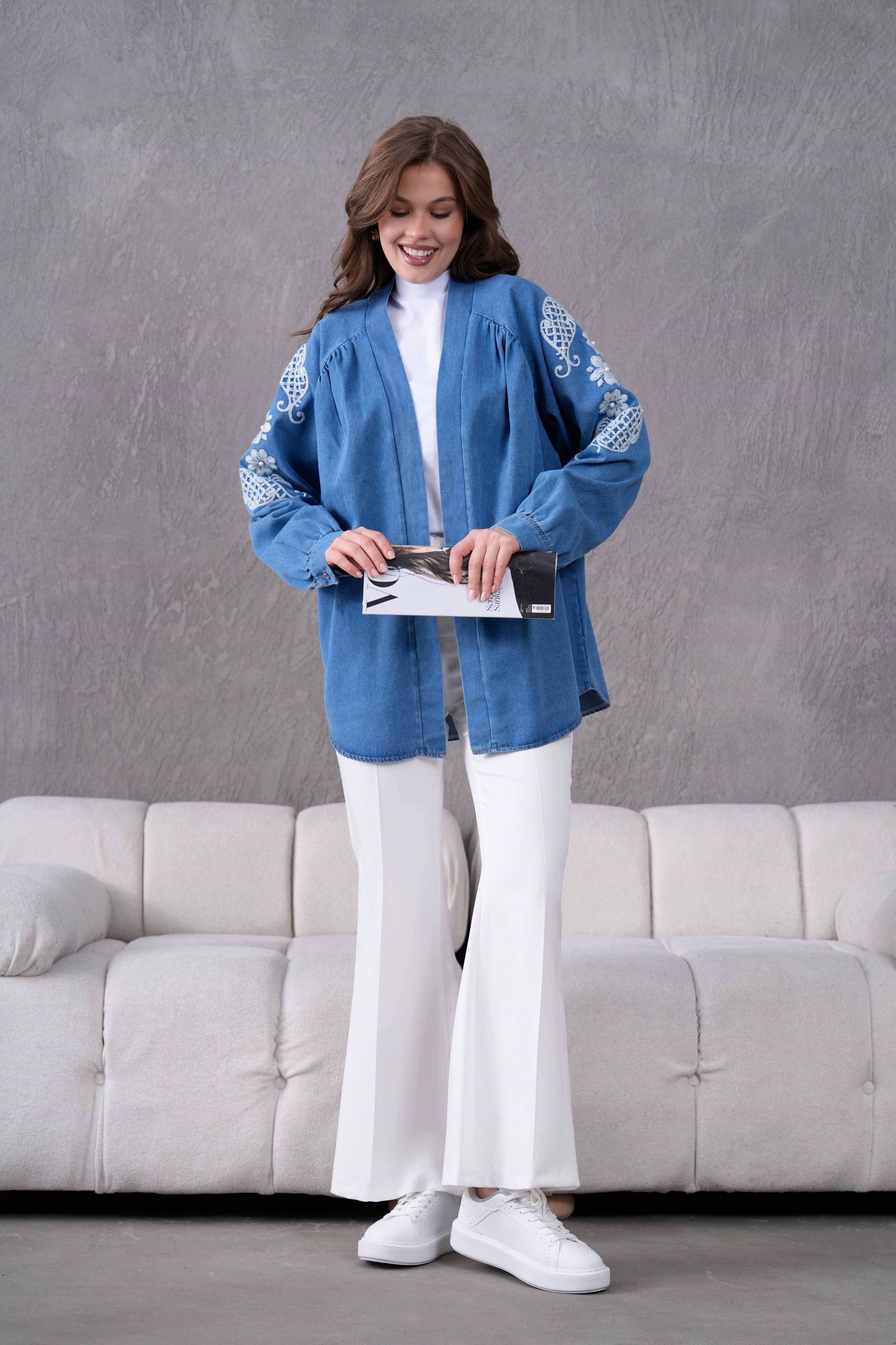 Soren İşlemeli Kot Kimono  - Mavi