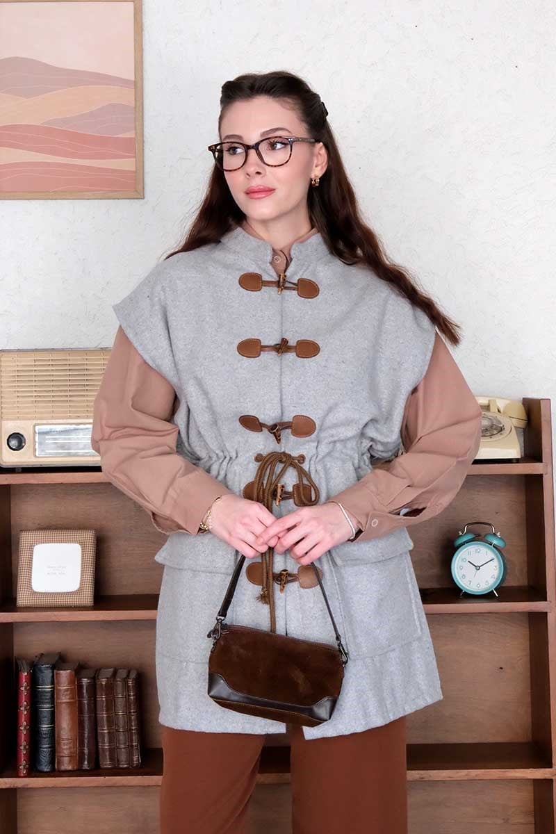 Açık Gri Kaşe Vintage Yelek