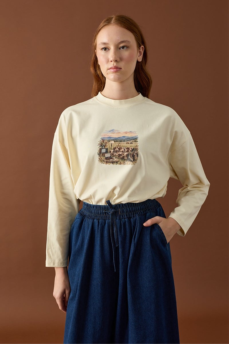 Krem Vintage Çiftlik Baskılı Basic Body