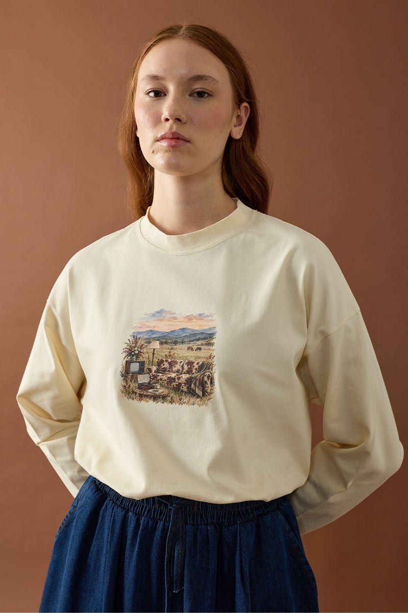 Krem Vintage Çiftlik Baskılı Basic Body