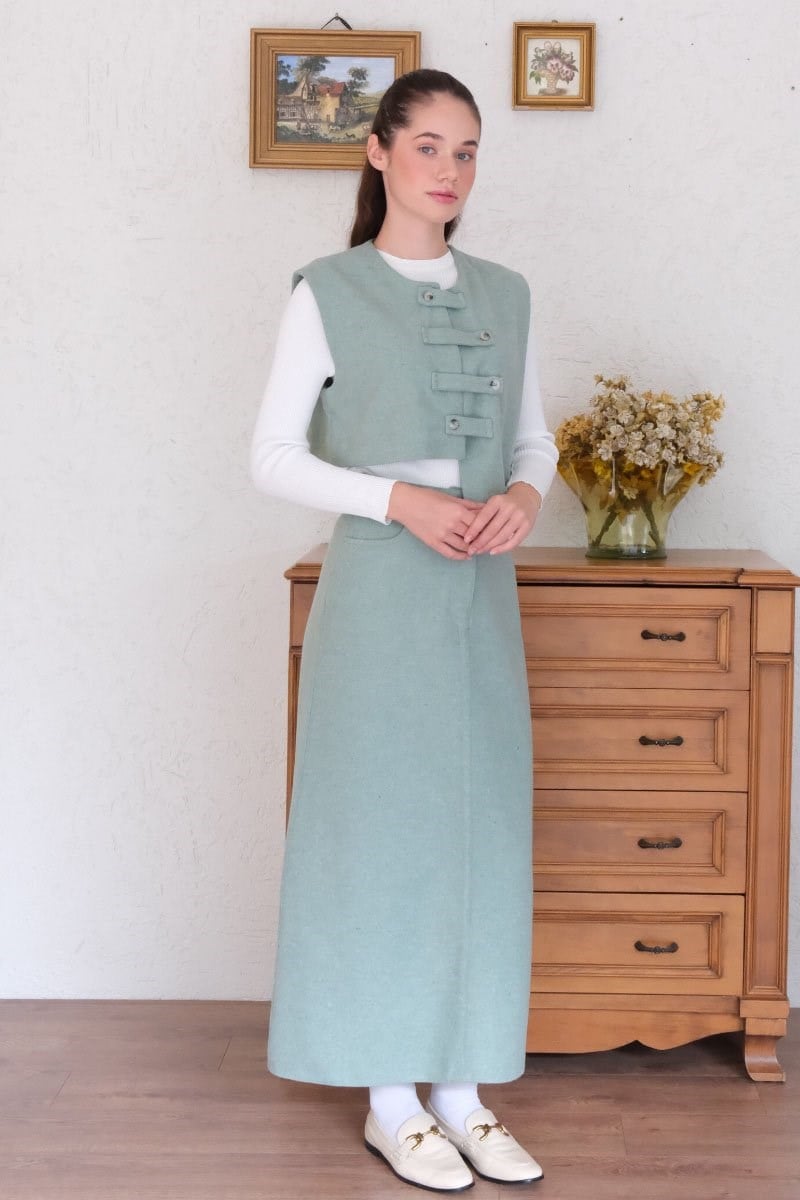 Mint Yeşili Kaşe Çapraz Düğmeli Vintage Yelek