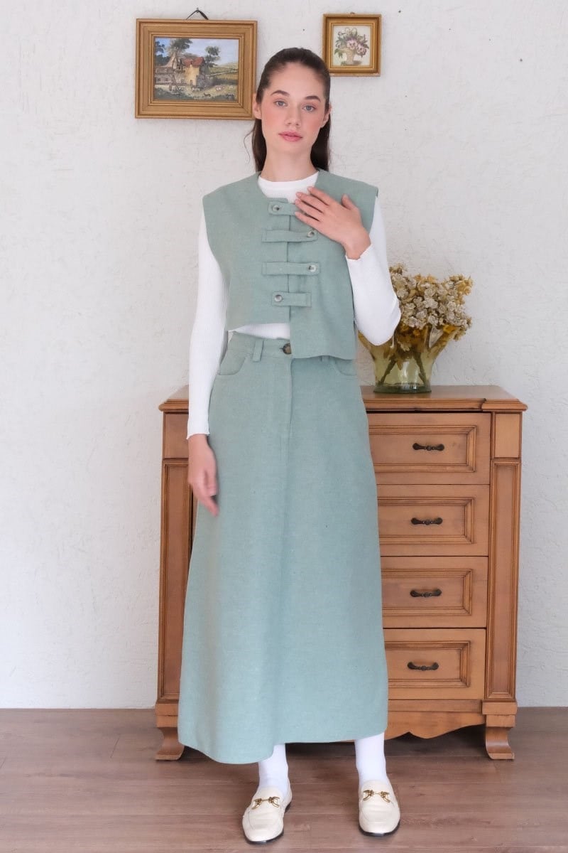 Mint Yeşili Kaşe Çapraz Düğmeli Vintage Yelek