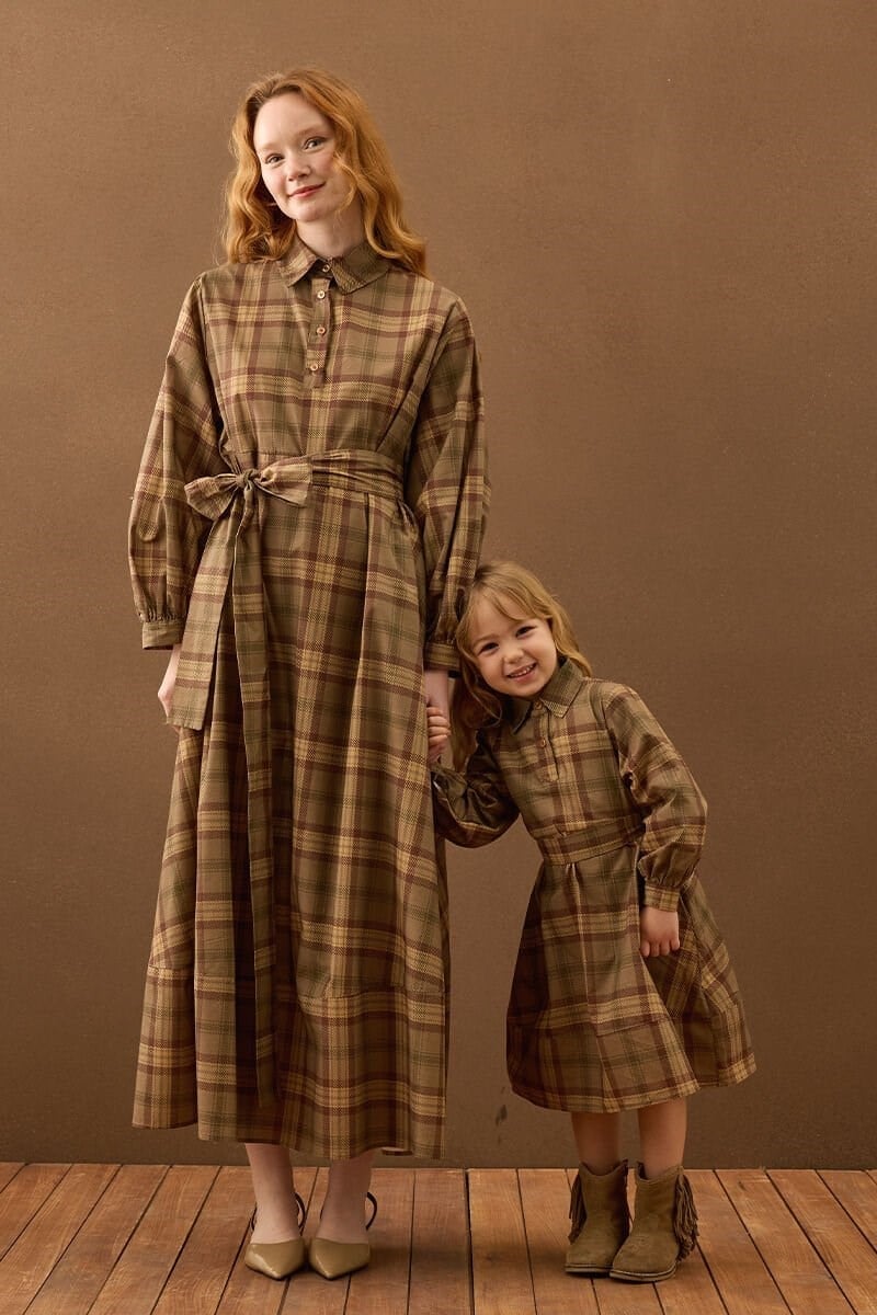 Vizon Ekoseli Vintage Anne Çocuk Elbise Takım
