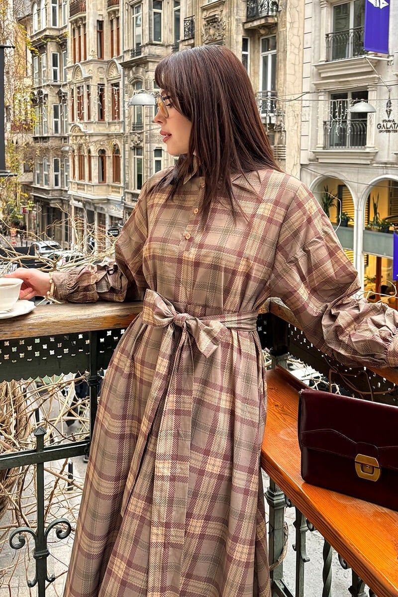 Vizon Ekoseli Vintage Elbise