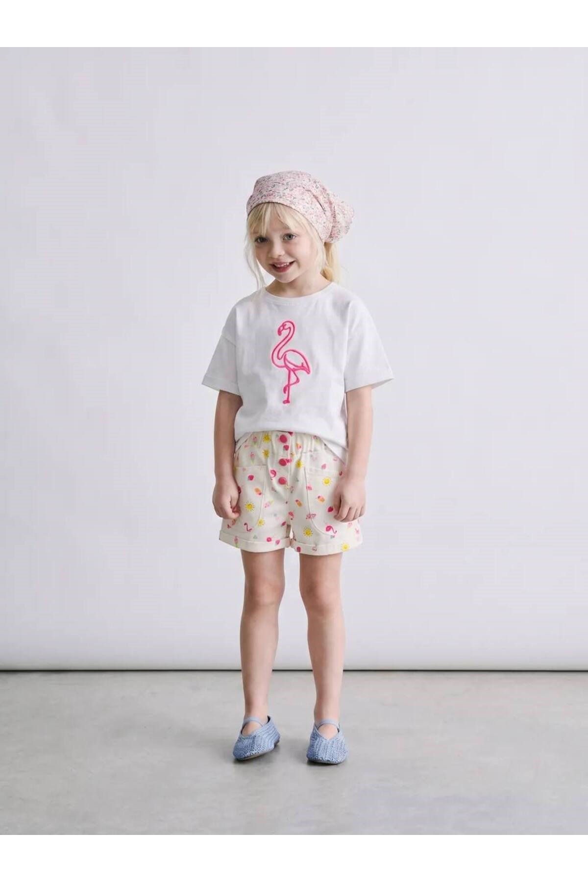 Flamingo Desenli Tshirt ve Şort Kız Çocuk İkili Takım