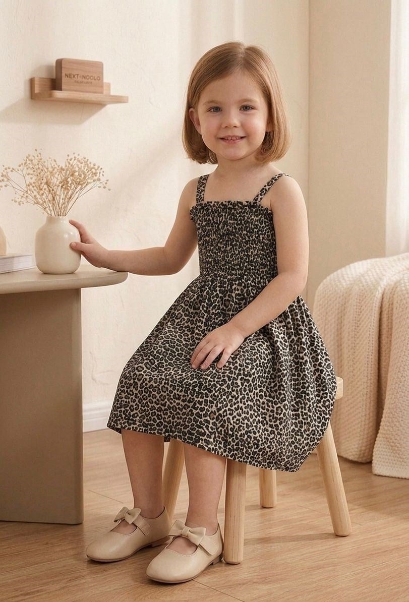 Leopar Desenli Askılı Kız Çocuk Elbise