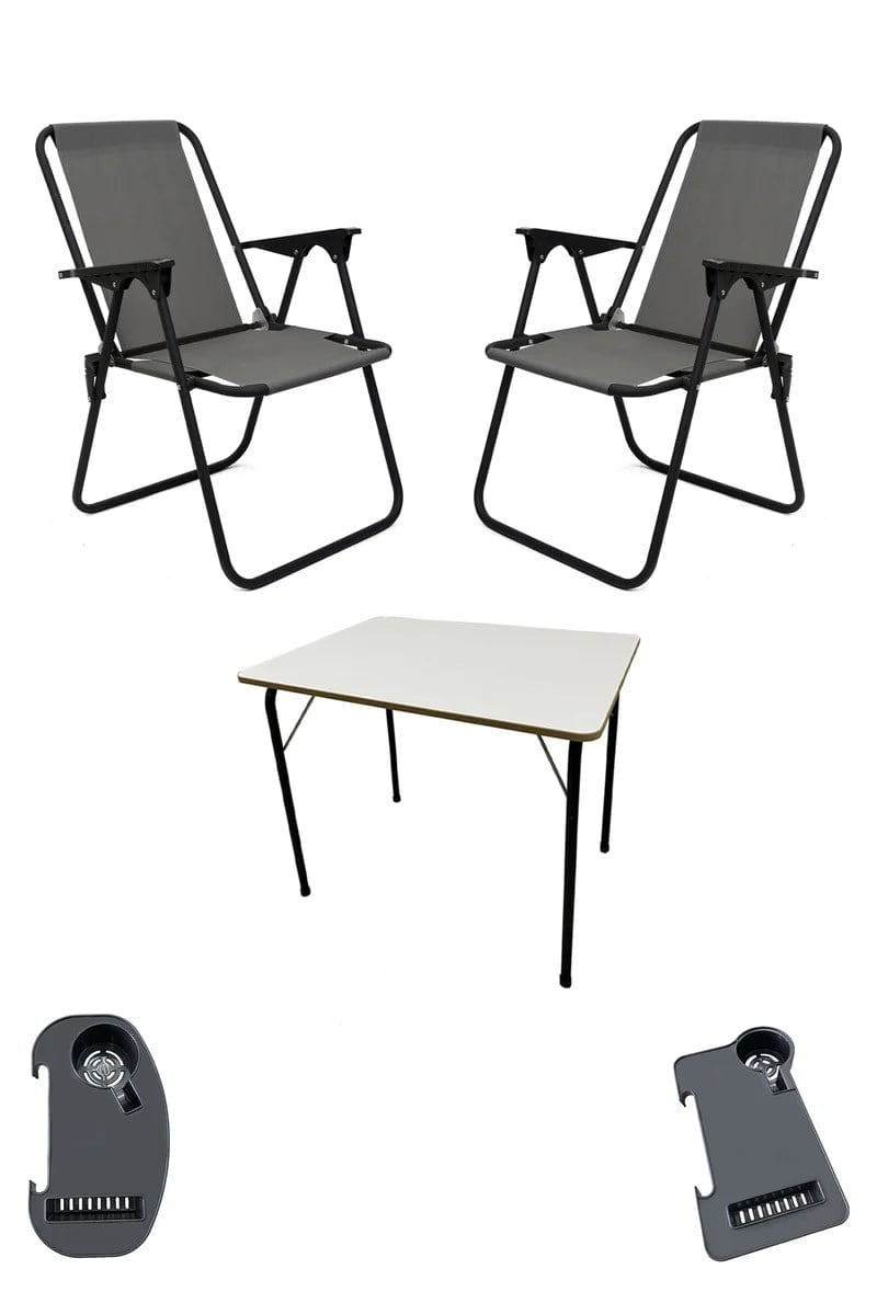 Litea 2 Adet Kamp Sandalyesi Katlanır Piknik Sandalye ve Bardaklık Gri + Katlanır Mdf Masa