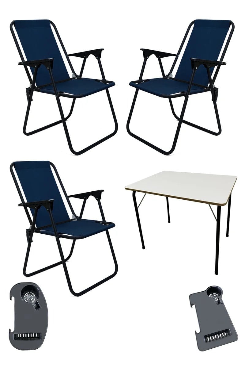 Litea 3 Adet Kamp Sandalyesi Katlanır Piknik Sandalye ve Bardaklık Lacivert + Katlanır Mdf Masa