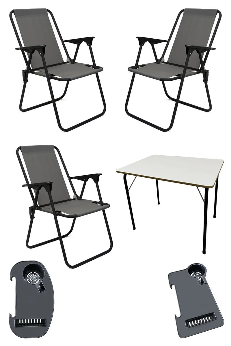 Litea 3 Adet Kamp Sandalyesi Katlanır Piknik Sandalye ve Bardaklık Gri + Katlanır Mdf Masa
