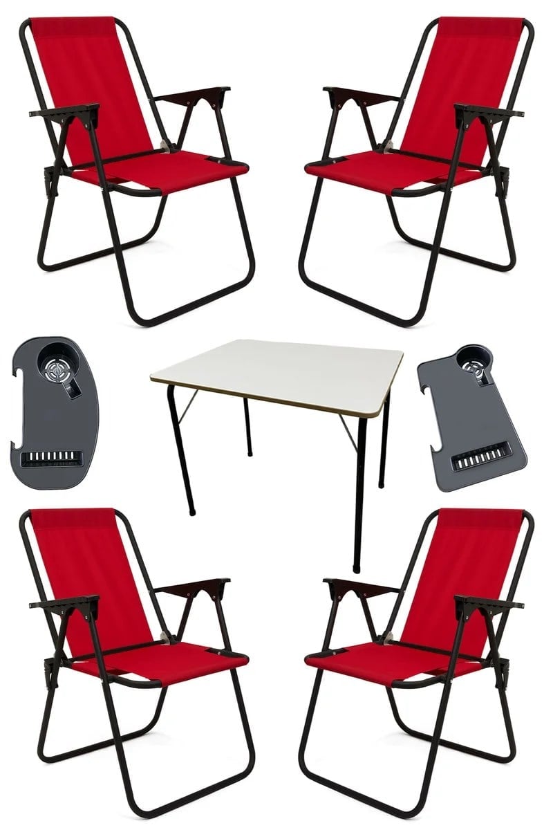 Litea 4 Adet Kamp Sandalyesi Katlanır Piknik Sandalye ve Bardaklık Kırmızı + Katlanır Mdf Masa