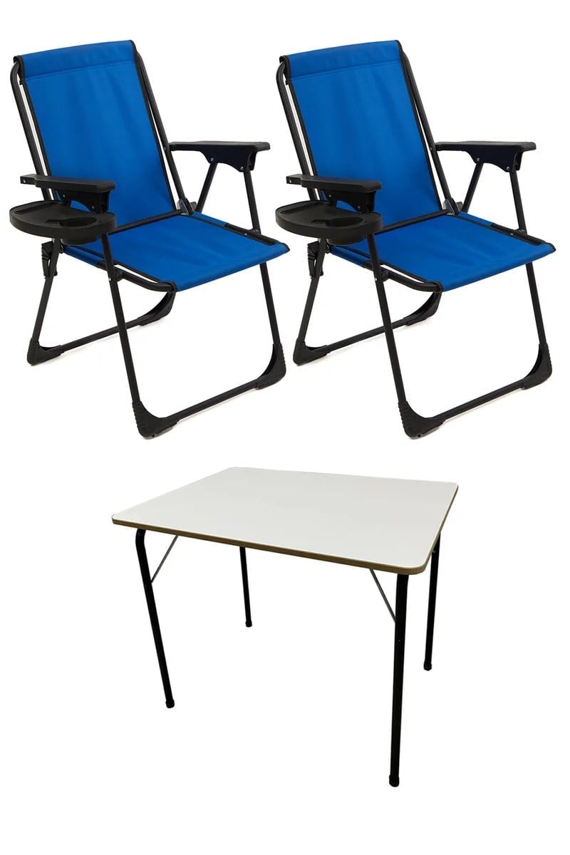 Natura 2 Adet Kamp Sandalyesi Piknik Sandalye Oval Bardaklıklı Mavi + Katlanır MDF Masa