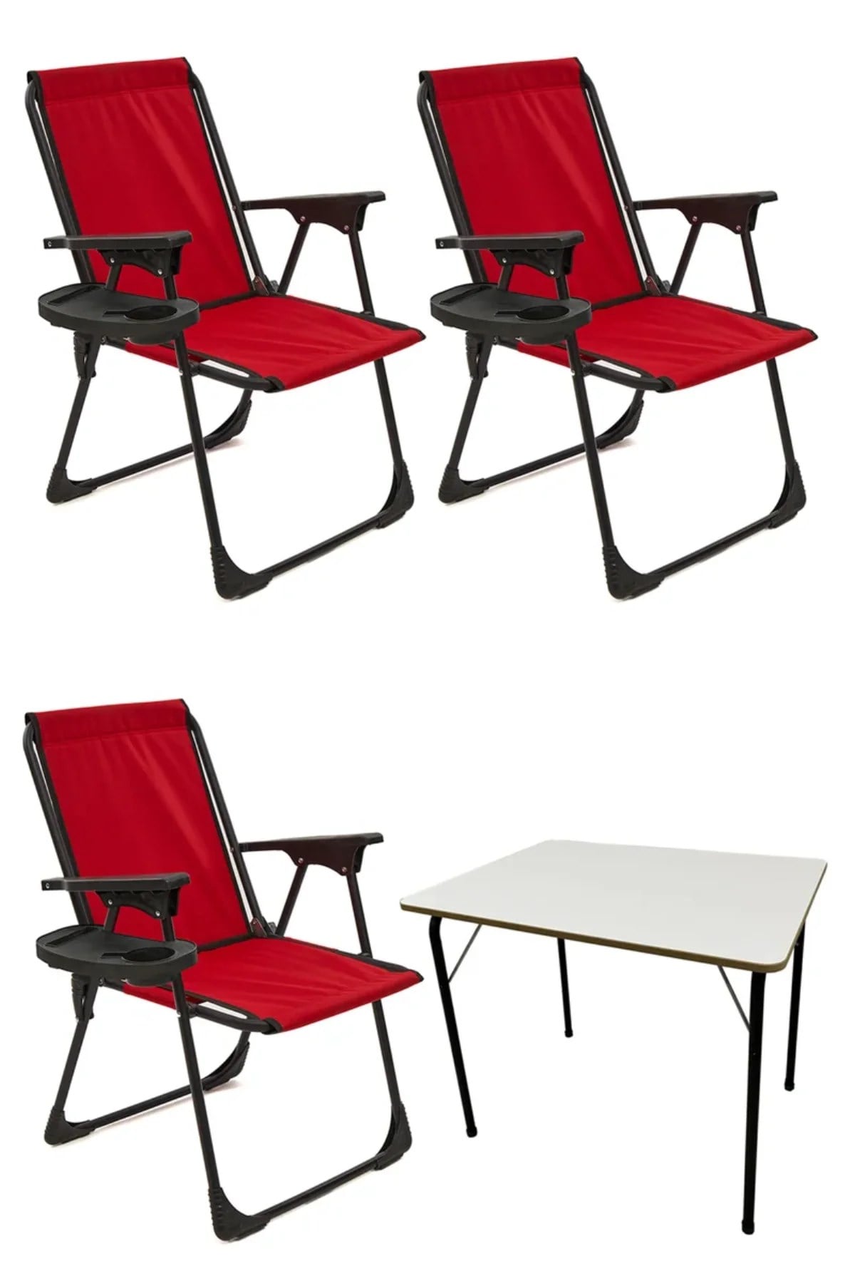 Natura 3 Adet Kamp Sandalyesi Piknik Sandalye Oval Bardaklıklı Kırmızı + Katlanır MDF Masa