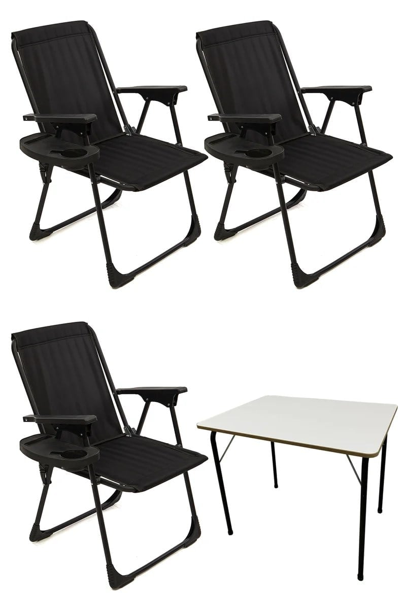 Natura 3 Adet Kamp Sandalyesi Piknik Sandalye Oval Bardaklıklı Siyah + Katlanır MDF Masa