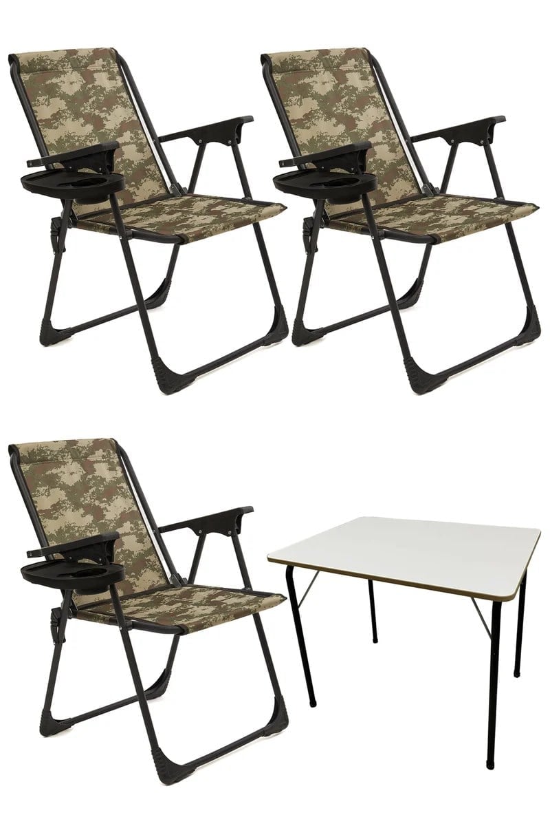 Natura 3 Adet Kamp Sandalyesi Piknik Sandalye Oval Bardaklıklı Kamuflaj + Katlanır MDF Masa