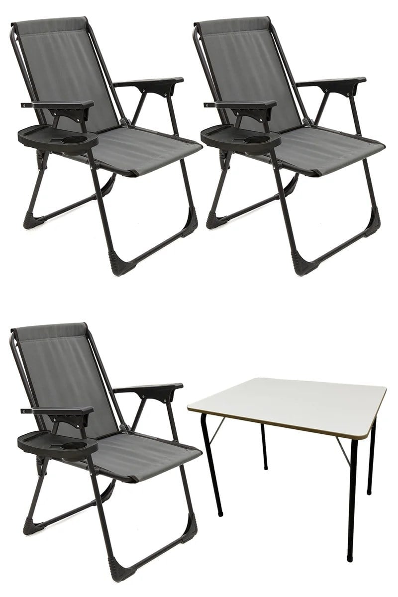 Natura 3 Adet Kamp Sandalyesi Piknik Sandalye Oval Bardaklıklı Gri + Katlanır MDF Masa