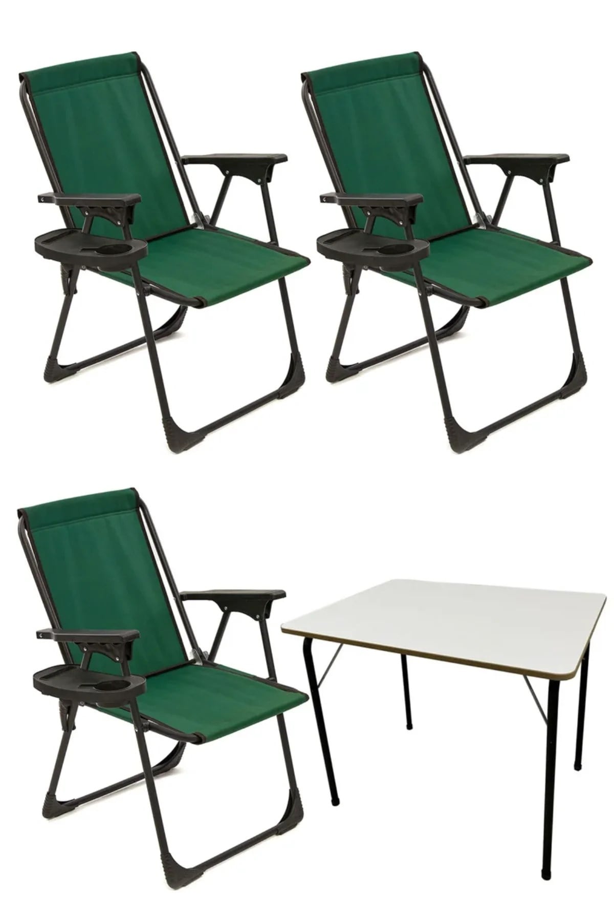 Natura 3 Adet Kamp Sandalyesi Piknik Sandalye Oval Bardaklıklı Yeşil + Katlanır MDF Masa