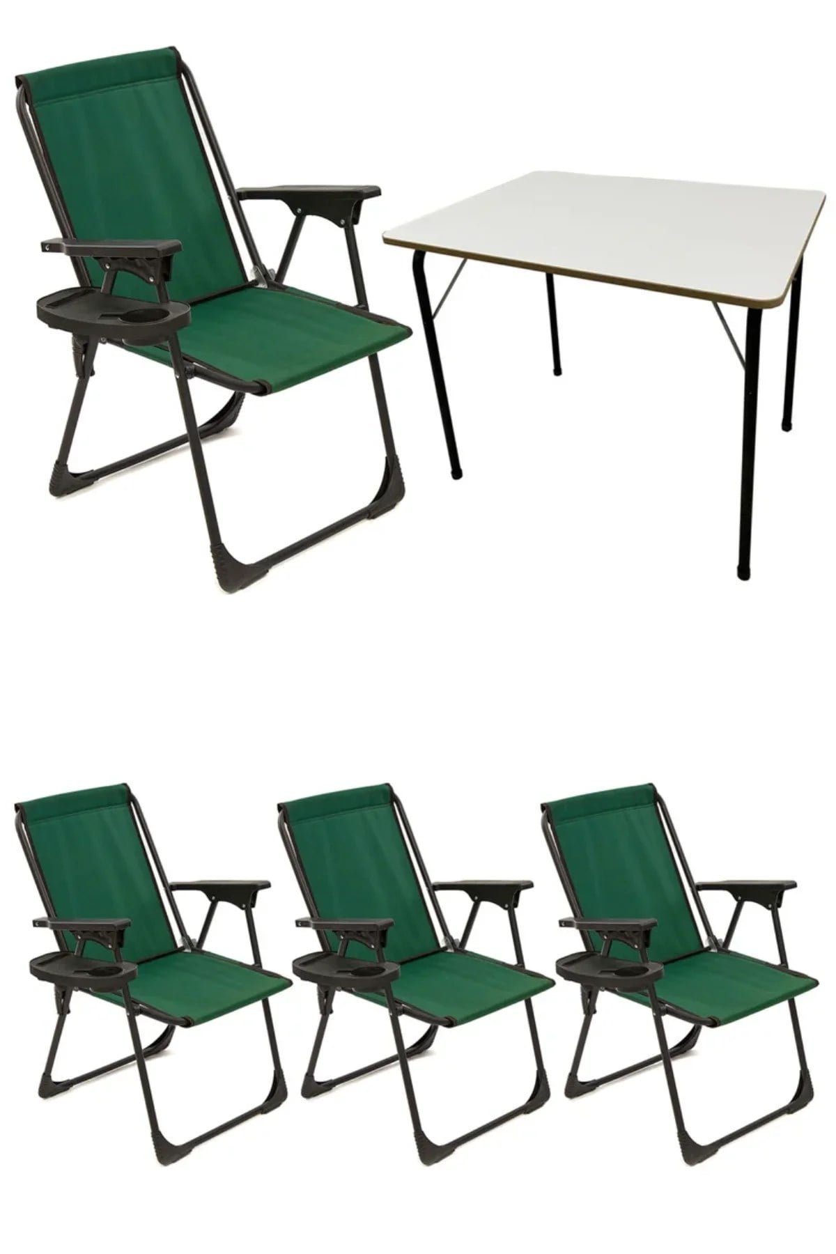Natura 4 Adet Kamp Sandalyesi Piknik Sandalye Oval Bardaklıklı Yeşil + Katlanır MDF Masa