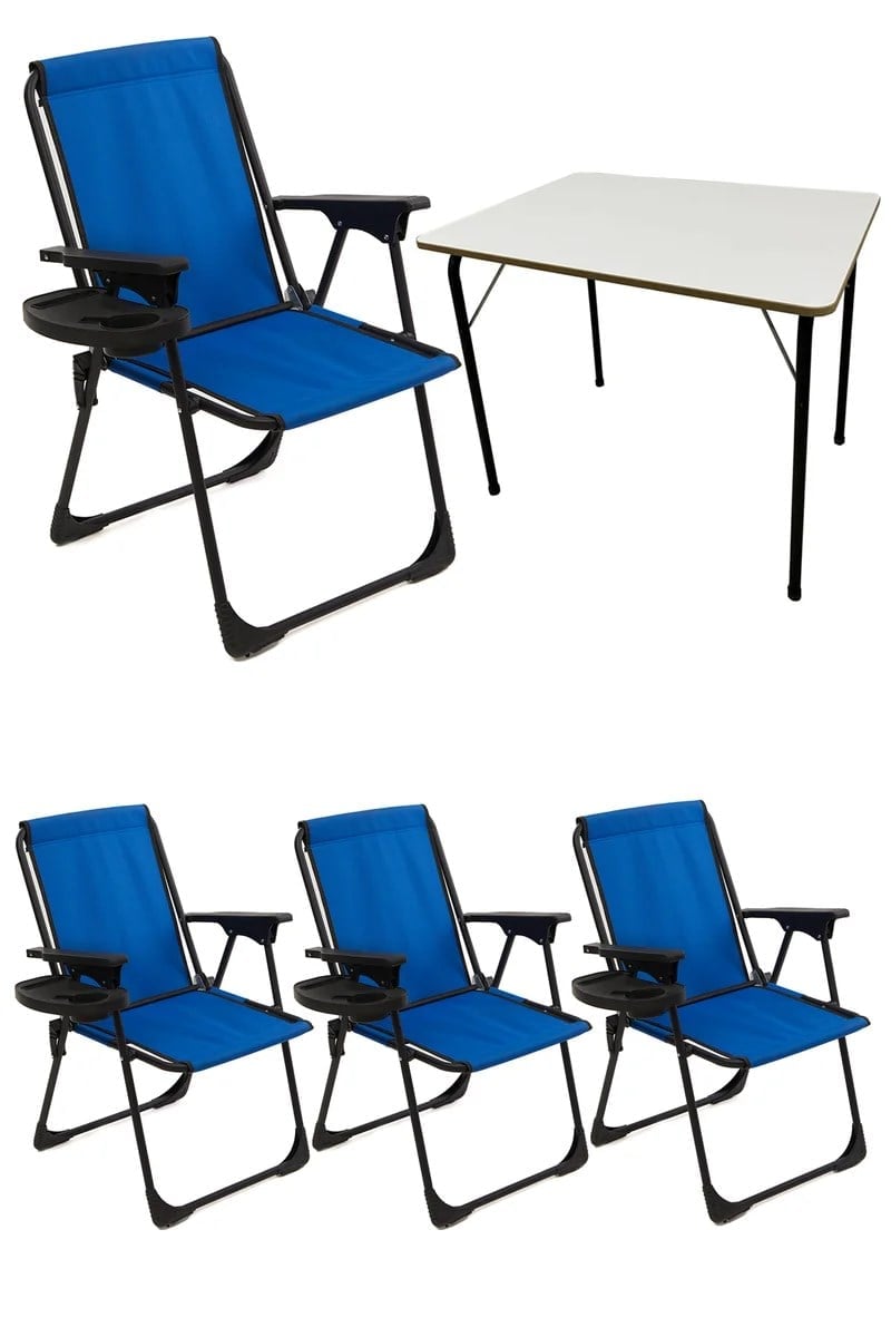 Natura 4 Adet Kamp Sandalyesi Piknik Sandalye Oval Bardaklıklı Mavi + Katlanır MDF Masa