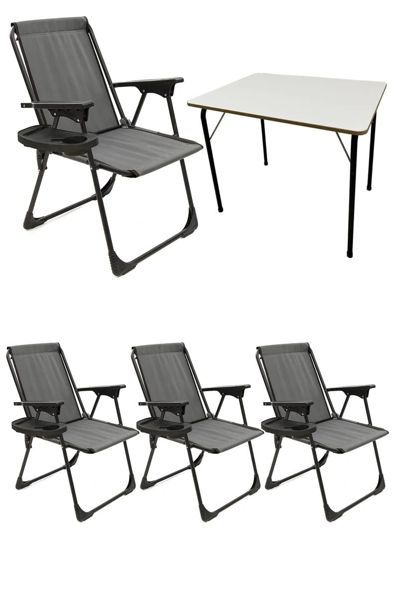 Natura 4 Adet Kamp Sandalyesi Piknik Sandalye Oval Bardaklıklı Gri + Katlanır MDF Masa