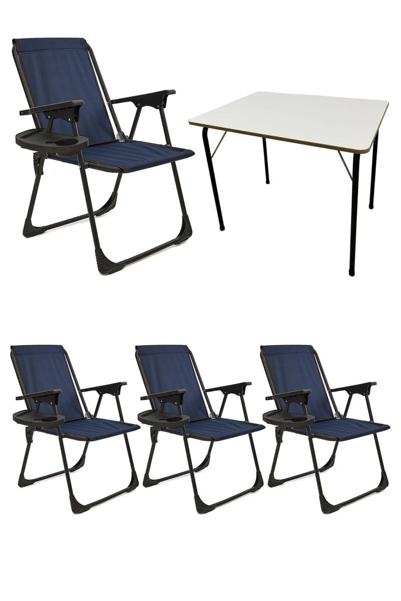 Natura 4 Adet Kamp Sandalyesi Piknik Sandalye Oval Bardaklıklı Lacivert + Katlanır MDF Masa