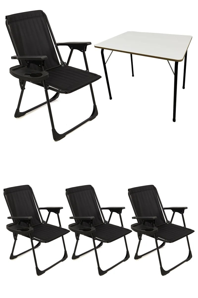 Natura 4 Adet Kamp Sandalyesi Piknik Sandalye Oval Bardaklıklı Siyah + Katlanır MDF Masa