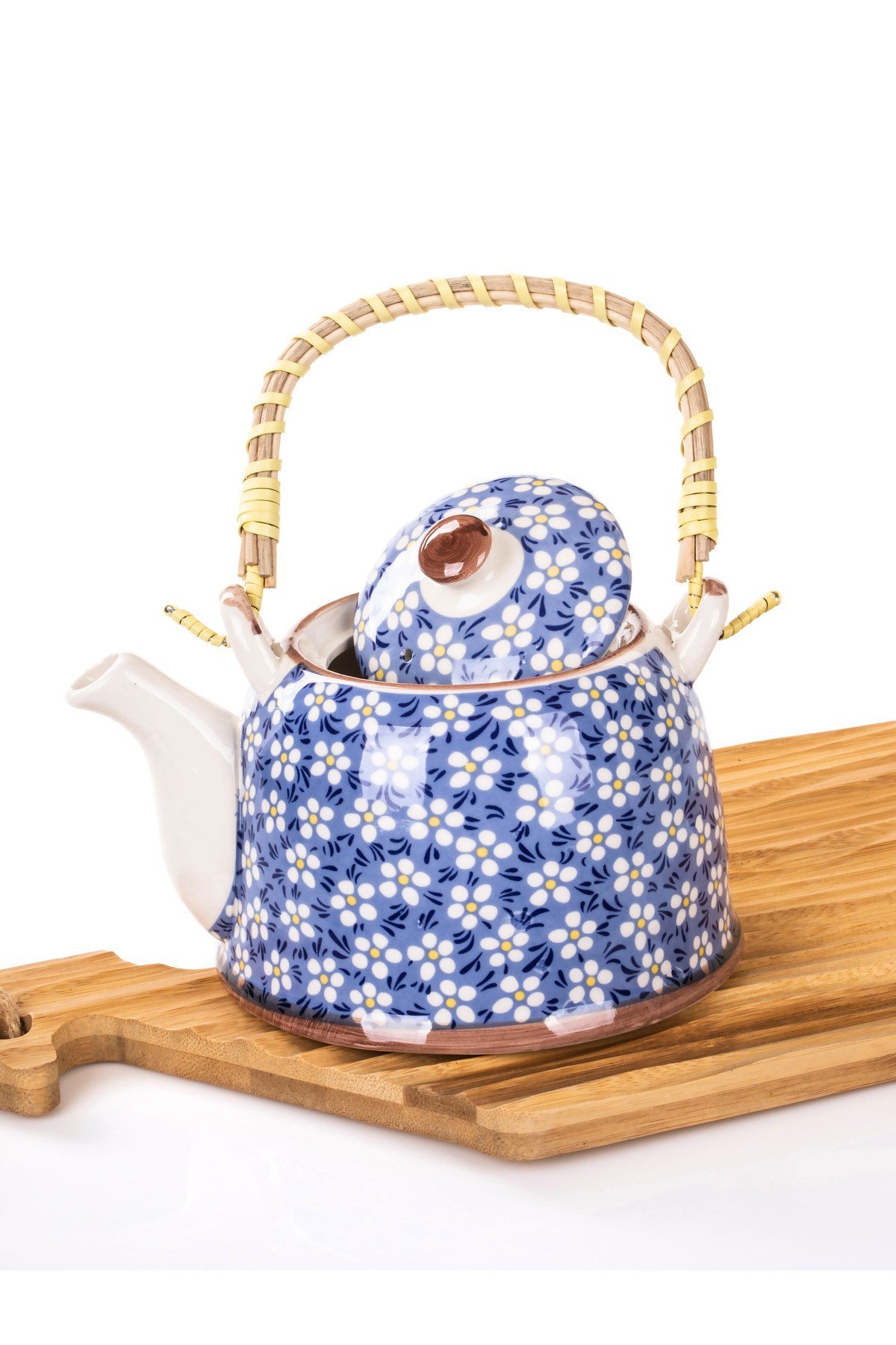 Hasır Saplı Porselen Demlik  Çiçek Desenli, 900ml Çay , Kahve , Bitki çayı Sunum