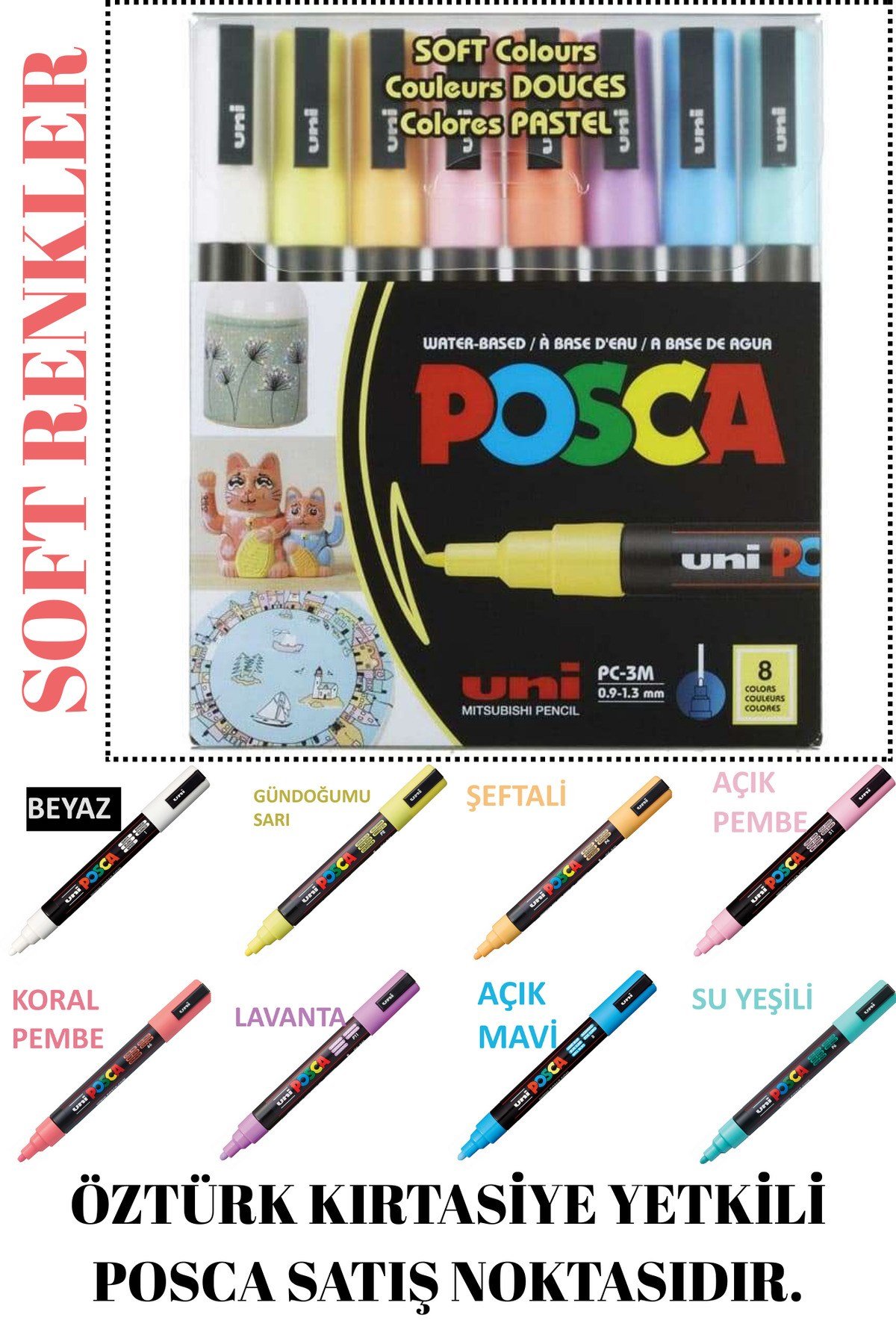 Posca 8'li Soft Renk Set (EN ÇOK TERCİH EDİLEN 8 SOFT RENK) Pc-3m (0.9-1.3mm) Poska Pc3m Pc - 3m