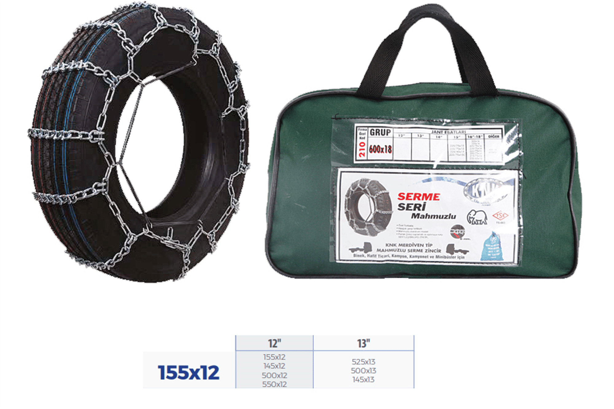 PATİNAJ ZİNCİRİ BİNEK VE HAFİF TİC.ARAÇ SERME 12-13 JANT 155x12 ZİNCİR EBATLARI İÇİN RESİME BAKINIZ
