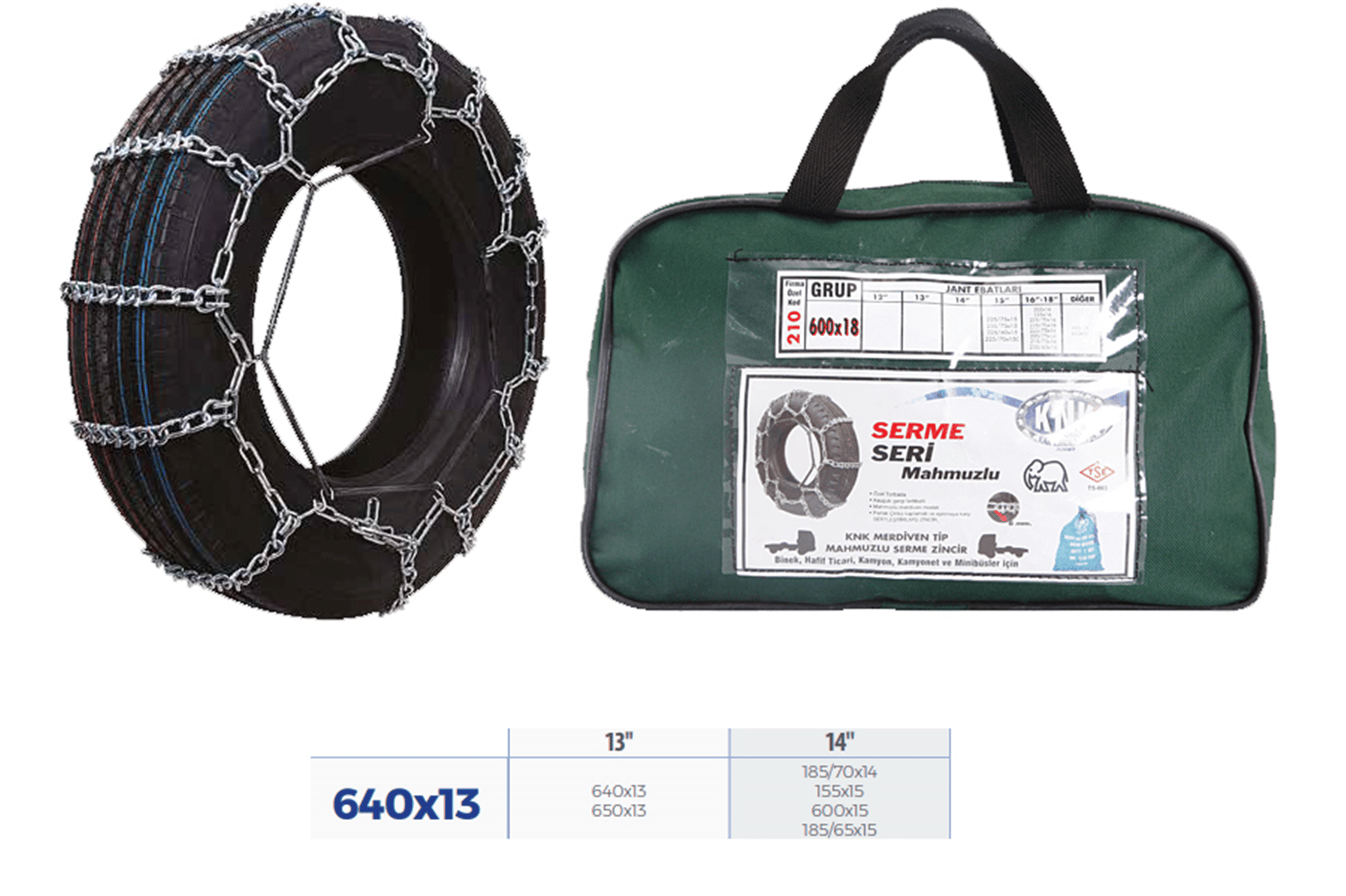 PATİNAJ ZİNCİRİ BİNEK VE HAFİF TİC.ARAÇ SERME 13-14 JANT 640x13 ZİNCİR EBATLARI İÇİN RESİME BAKINIZ