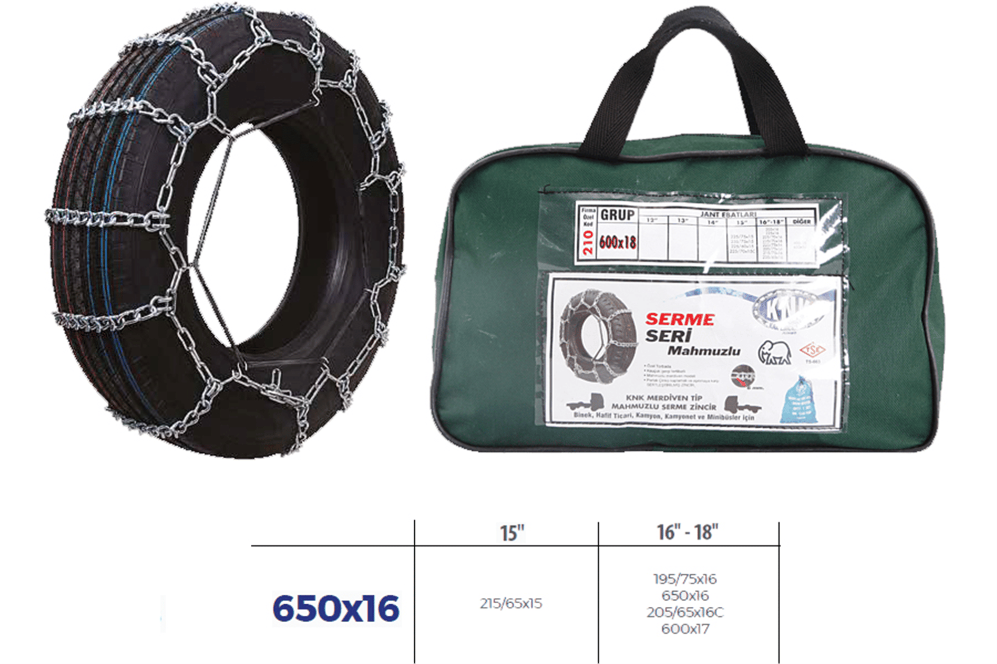 PATİNAJ ZİNCİRİ MİNİBÜS VE KAMYONET SERME 650x16 ZİNCİR EBATLARI İÇİN RESİME BAKINIZ