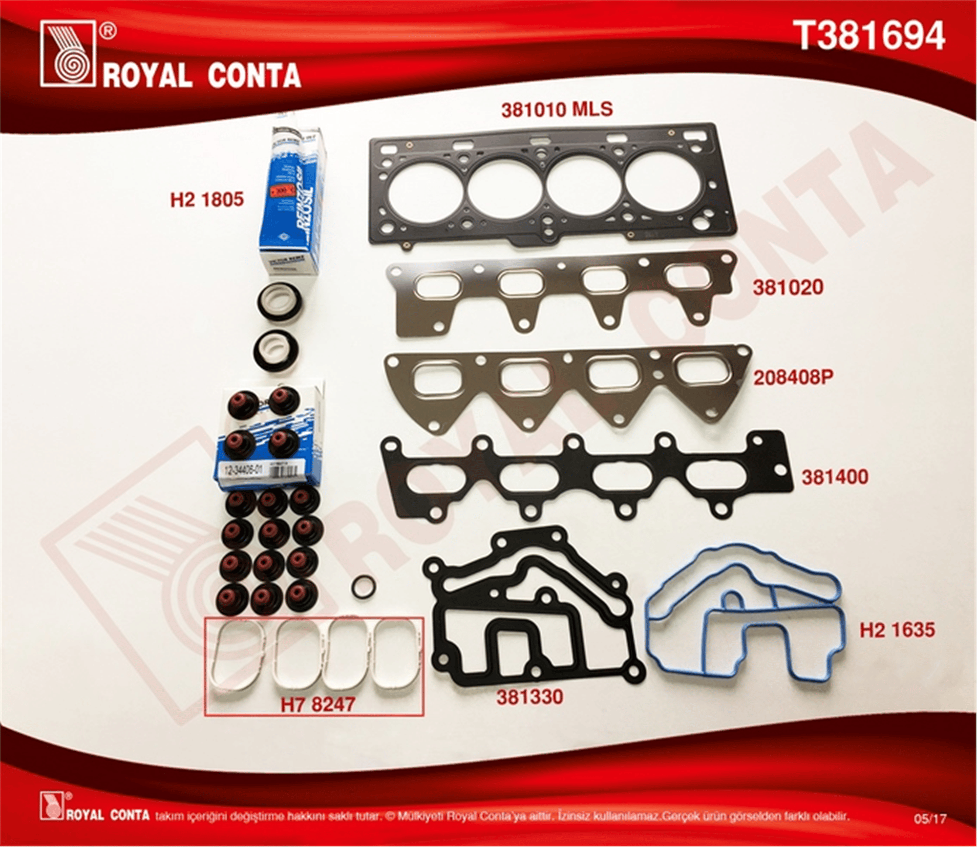 ÜST TAKIM CONTA RENAULT MEGAN II 02>08 CLIO III 05>14 SCENIC II 02>08 SCENIC III 09>14 DACIA DUSTER 10> 1.6 16V K4M REINZ KEÇE SUBAP LASTİK