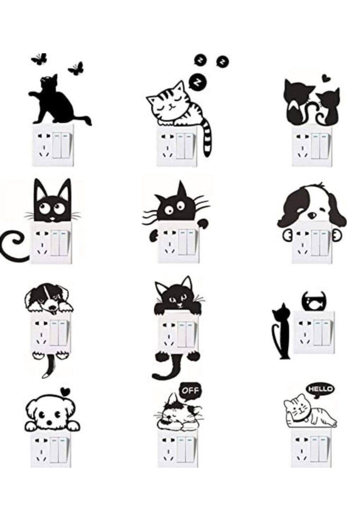 12'li Kedi Priz Sticker Seti 1mm Tarflı Yapışkanlı Siyah Keçe